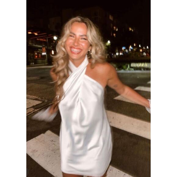 Show Me Your Mumu Jasmine Halter Mini Dress Ivory Luxe Satin M